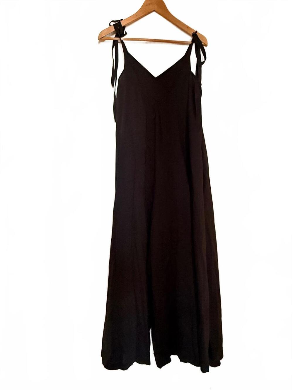 Malia Mills Blue-Black Wide Leg Jumpsuit Tie Strap V-Neck Culotte Size S
